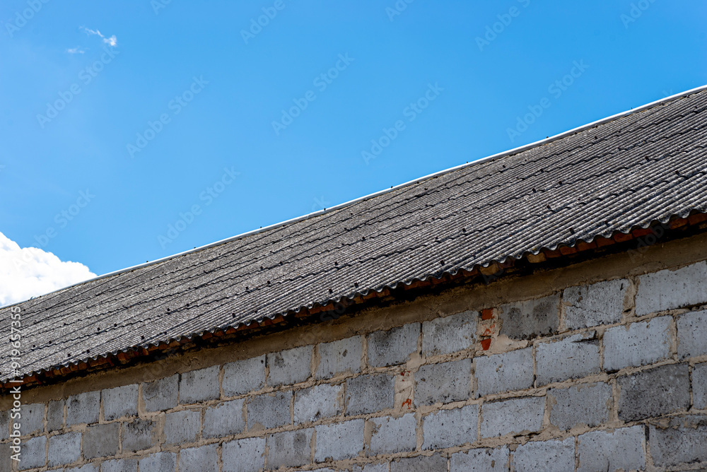 An old brick barn in the Polish countryside with a corrugated asbestos roof. An old brick barn in the Polish countryside with a corrugated asbestos roof.