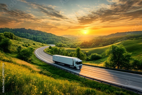 A logistics lorry carrying cargo driving on a road with beautiful scenery. photo