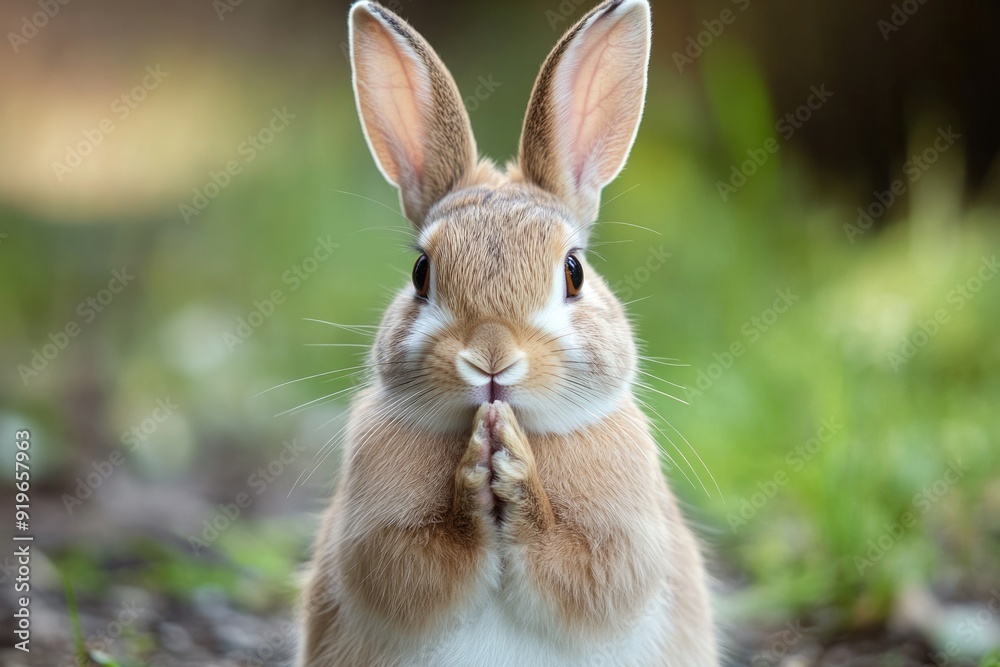 Thankful Animal. Rabbit Praying with Clasped Paws over Dinner Table Thankful Animal. Rabbit Praying with Clasped Paws over Dinner Table