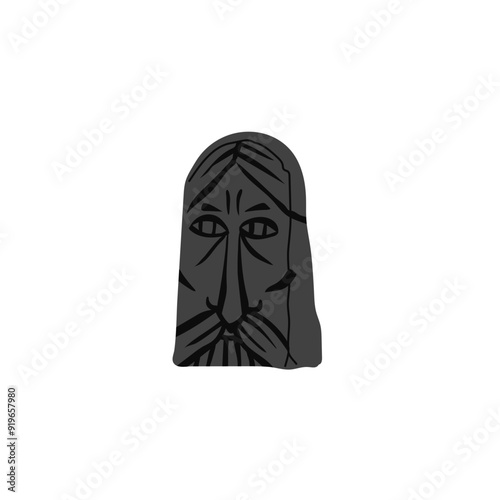 Stone totem, idol rune vector icon, amulet statuette of pagan god face, grey monument of the ancient tribal civilization
