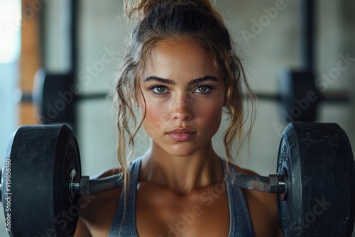 Strong woman exercising with heavy weights, Generative AI