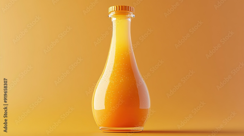 A glass bottle filled with orange juice, standing on a yellow surface. A glass bottle filled with orange juice, standing on a yellow surface.