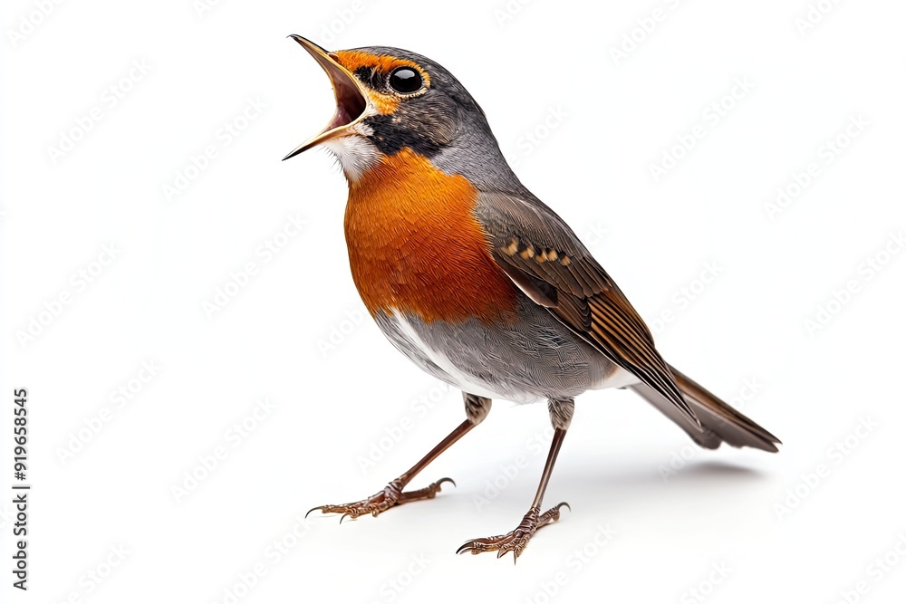 Robin perched and singing isolated on a white background Robin perched and singing isolated on a white background