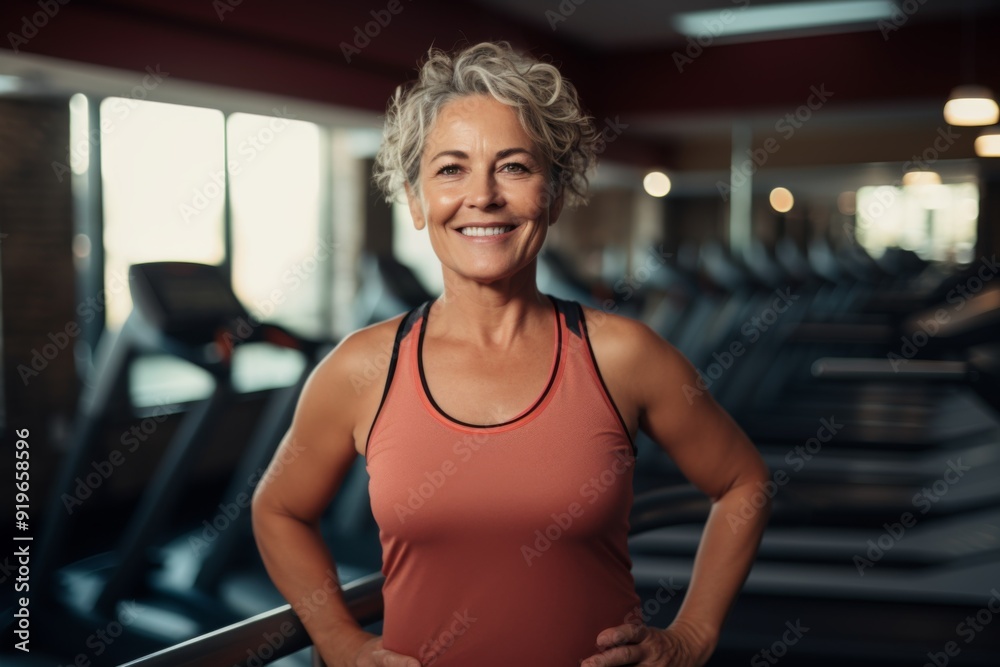 Smiling portrait of a slightly overweight middle aged woman in gym Smiling portrait of a slightly overweight middle aged woman in gym