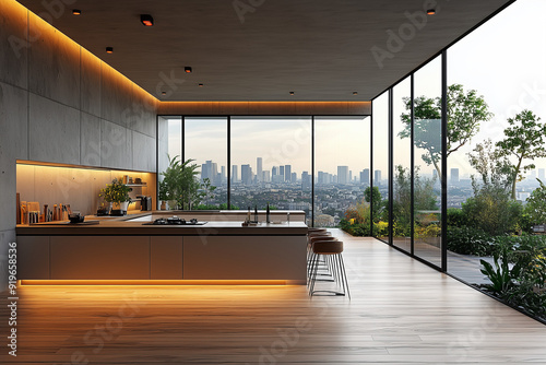 Modern kitchen interior with island and white walls and a beautifun city view photo