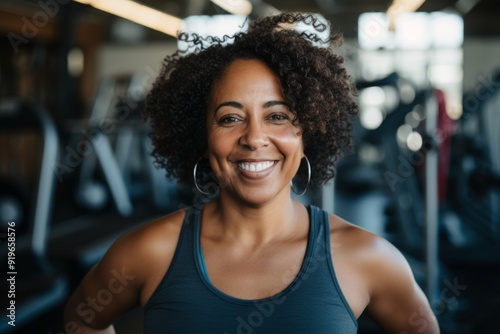 Smiling portrait of a slightly overweight middle aged woman in gym