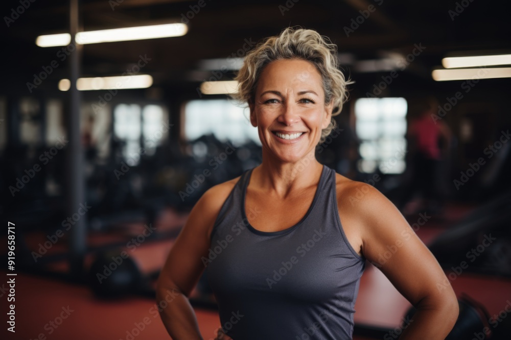 Smiling portrait of a slightly overweight middle aged woman in gym Smiling portrait of a slightly overweight middle aged woman in gym