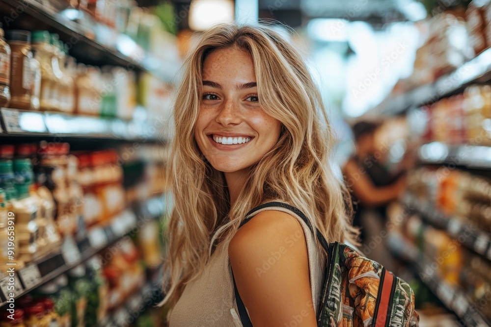 Happy young woman grocery shopping in a supermarket, Generative AI Happy young woman grocery shopping in a supermarket, Generative AI