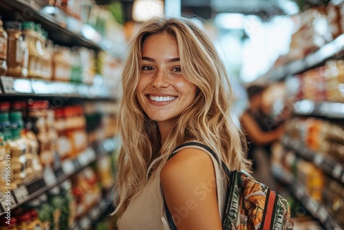 Happy young woman grocery shopping in a supermarket, Generative AI