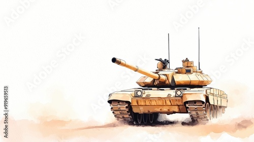 Military tank, detailed armor plating in a desert setting, Watercolor style