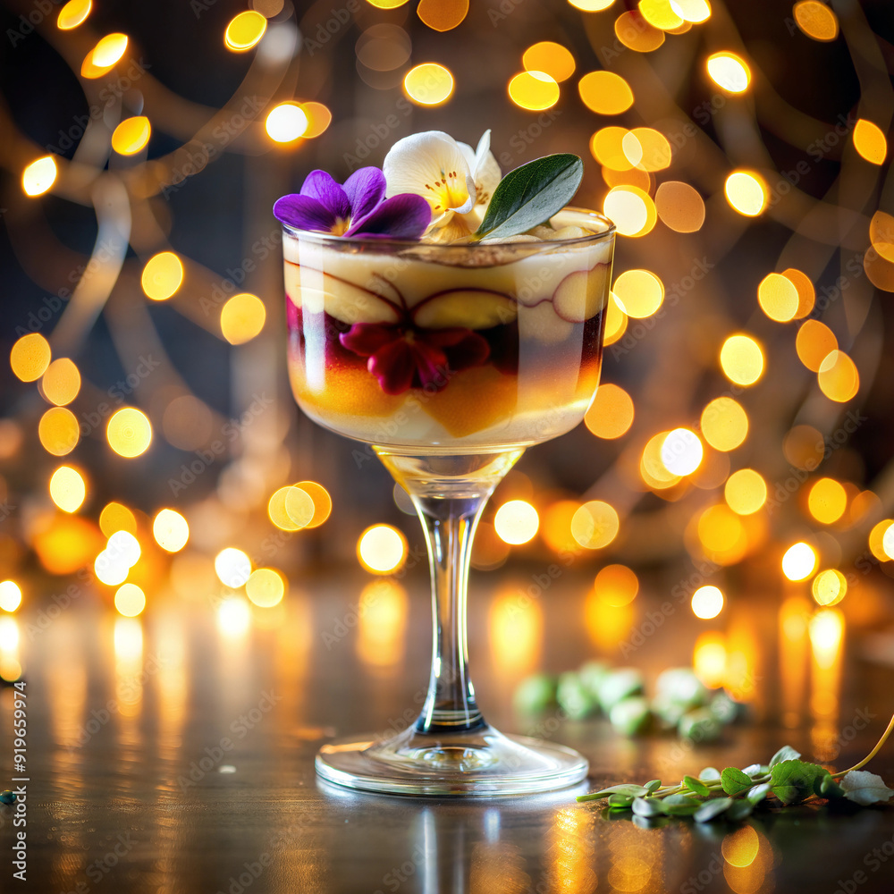 Multi-layered dessert in a stemmed glass, decorated with flowers and green leaves, festive atmosphere with blurred garland lights in the background Multi-layered dessert in a stemmed glass, decorated with flowers and green leaves, festive atmosphere with blurred garland lights in the background