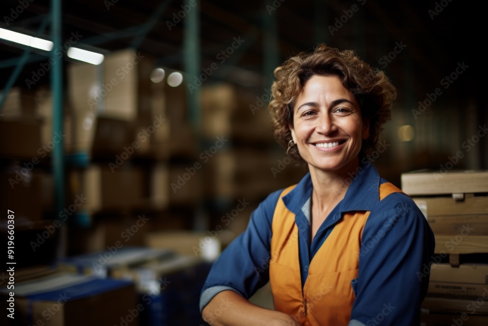 Portrait of a smiling middle aged female warehouse worker Portrait of a smiling middle aged female warehouse worker