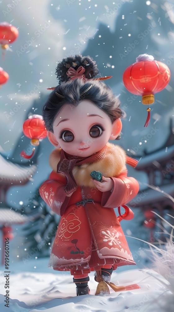 A graceful Asian woman dressed in traditional Hanfu stands in a snowy landscape with majestic snow-capped mountains in the background. The 3D illustration style highlights her elegance and the serene A graceful Asian woman dressed in traditional Hanfu stands in a snowy landscape with majestic snow-capped mountains in the background. The 3D illustration style highlights her elegance and the serene
