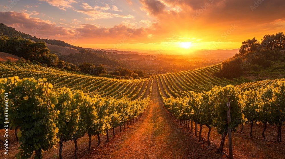 Fototapeta premium Sonoma Vineyard at Sunset: Tranquil Summer Evening in California's Beautiful Wine Country