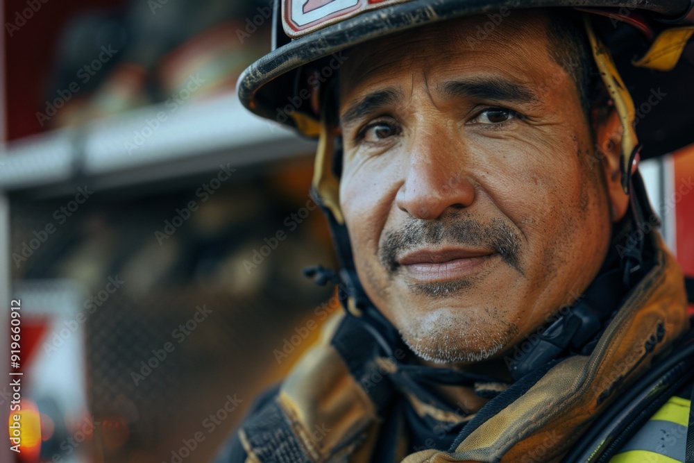 Portrait of a middle aged male firefighter in station Portrait of a middle aged male firefighter in station