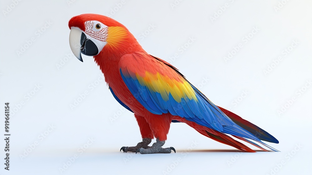 A scarlet macaw with red, blue, and yellow feathers standing on a white background. A scarlet macaw with red, blue, and yellow feathers standing on a white background.