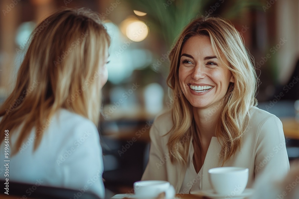 Two happy businesswomen chatting during a coffee break in a cafe, Generative AI Two happy businesswomen chatting during a coffee break in a cafe, Generative AI