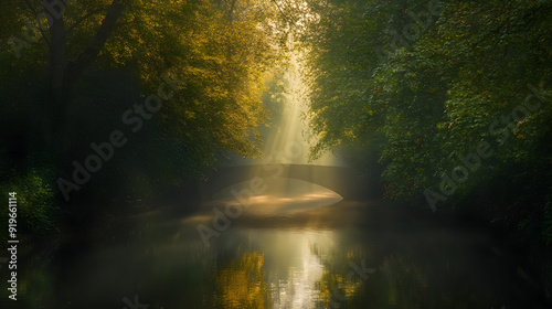 "Misty Canal Morning with Crepuscular Rays"