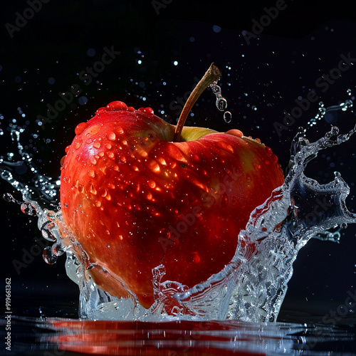 Fresh red apple and splash of water on dark background