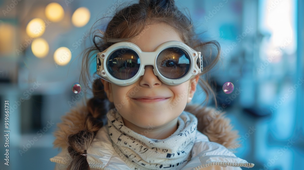A young girl with big sunglasses smiles at the camera. She is wearing a white jacket and a knitted scarf. The background is blurred. A young girl with big sunglasses smiles at the camera. She is wearing a white jacket and a knitted scarf. The background is blurred.