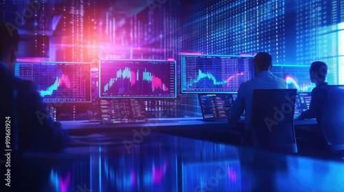 A vibrant trading room with professionals analyzing market data on multiple screens, showcasing futuristic technology and analytics.