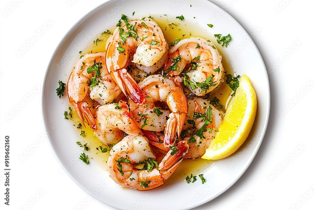 Shrimp scampi with garlic and white wine sauce isolated on a white, top view Shrimp scampi with garlic and white wine sauce isolated on a white, top view