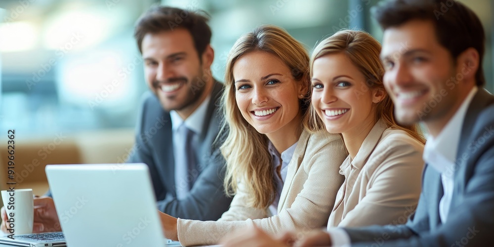 Cheerful business colleagues watching a presentation on a laptop, Generative AI Cheerful business colleagues watching a presentation on a laptop, Generative AI