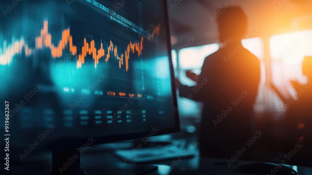 Dynamic market analysis with financial graphs and silhouettes of professionals in a modern workspace. Dynamic market analysis with financial graphs and silhouettes of professionals in a modern workspace.