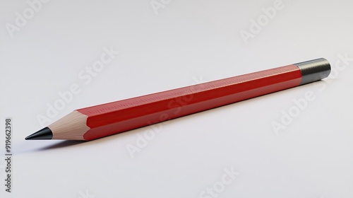 A single red pencil with black eraser lying horizontally on a white surface.