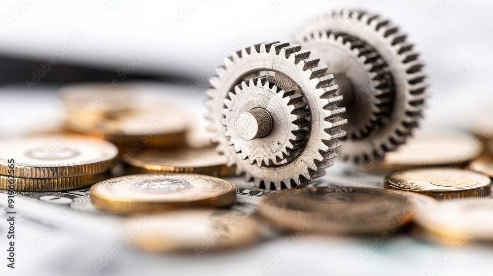 Metal gears surrounded by coins symbolizing finance, commerce, and industry in a dynamic economic environment. Metal gears surrounded by coins symbolizing finance, commerce, and industry in a dynamic economic environment.