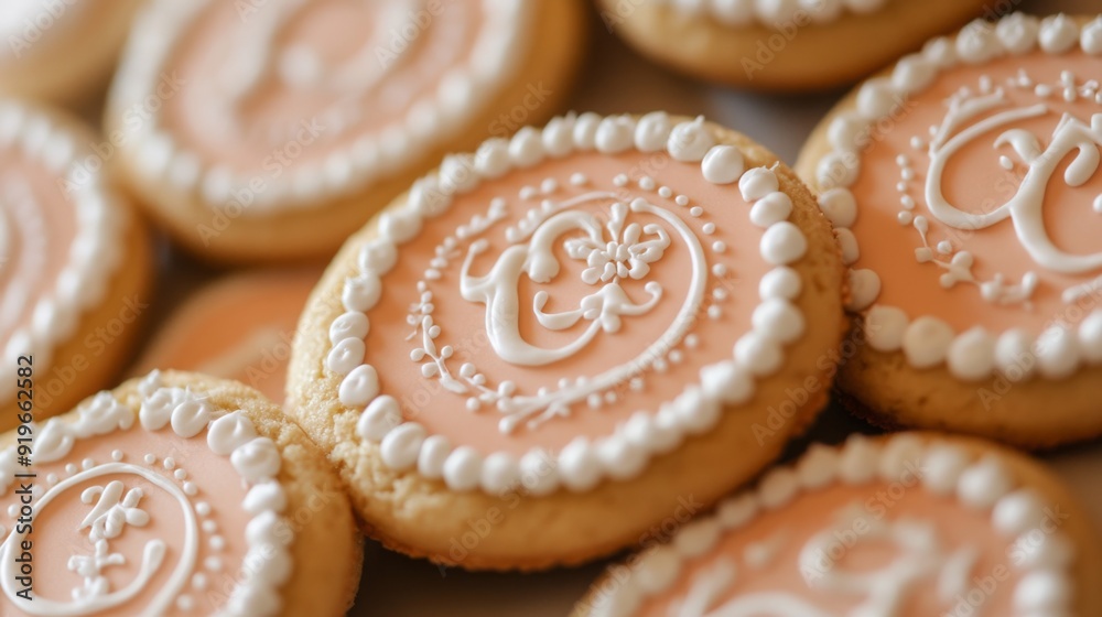 Delicate cookies with intricate icing designs are arranged beautifully on a tray, showcasing craftsmanship. Delicate cookies with intricate icing designs are arranged beautifully on a tray, showcasing craftsmanship.
