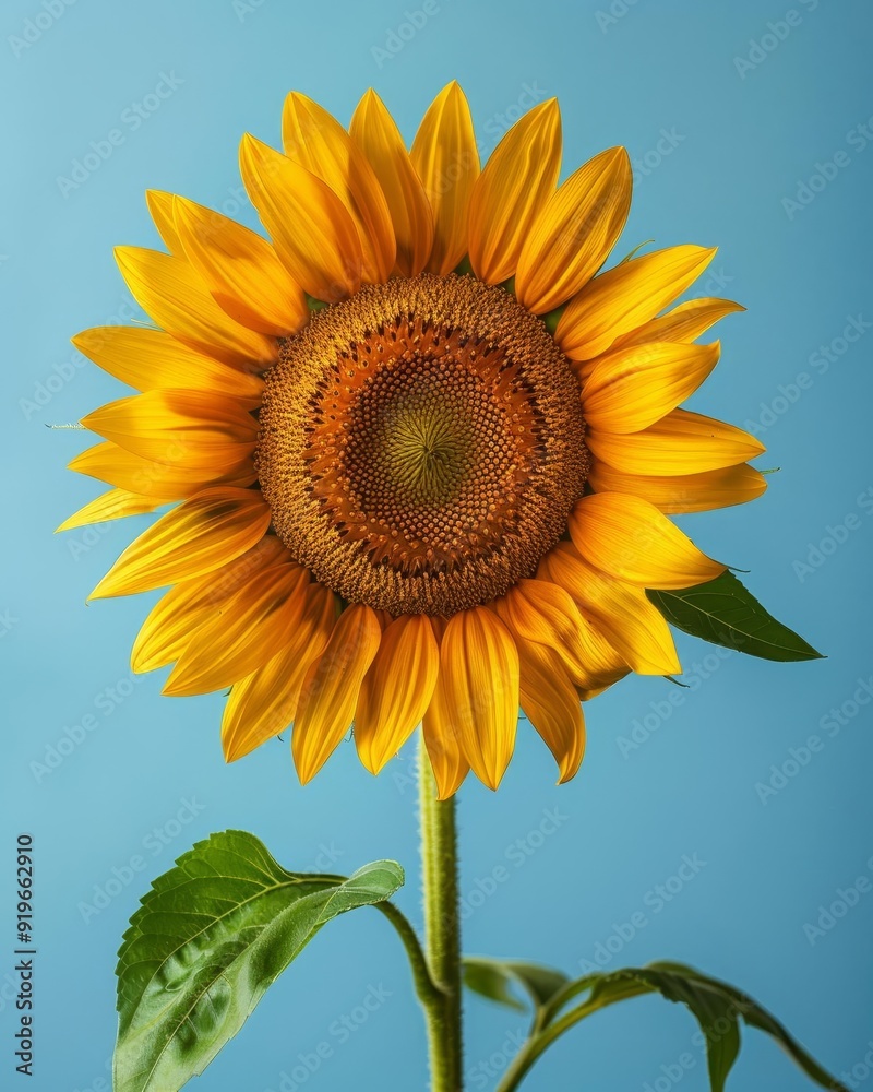 Obraz premium Blooming sunflower, isolated on light blue background, highdefinition botanical photography, bright yellow petals, intricate details, closeup view, studio setup