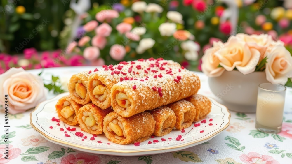 cannolli, a beautiful Italian dessert, on a decorated table cannolli, a beautiful Italian dessert, on a decorated table