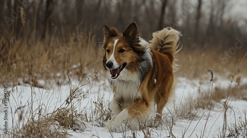 A joyful corgi dog runs energetically through a snowy field, enjoying its play and exercise time. It's a happy winter scene showing the active lifestyle of this breed. photo