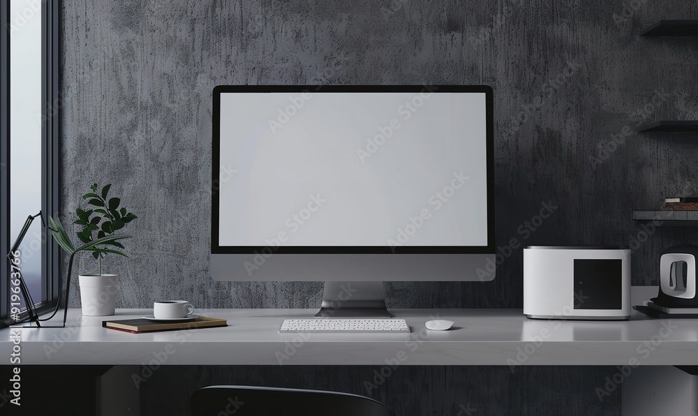 gray wall, contemporary white desk, and computer monitor with copy area and blank screen for product display, Generative AI. gray wall, contemporary white desk, and computer monitor with copy area and blank screen for product display, Generative AI.