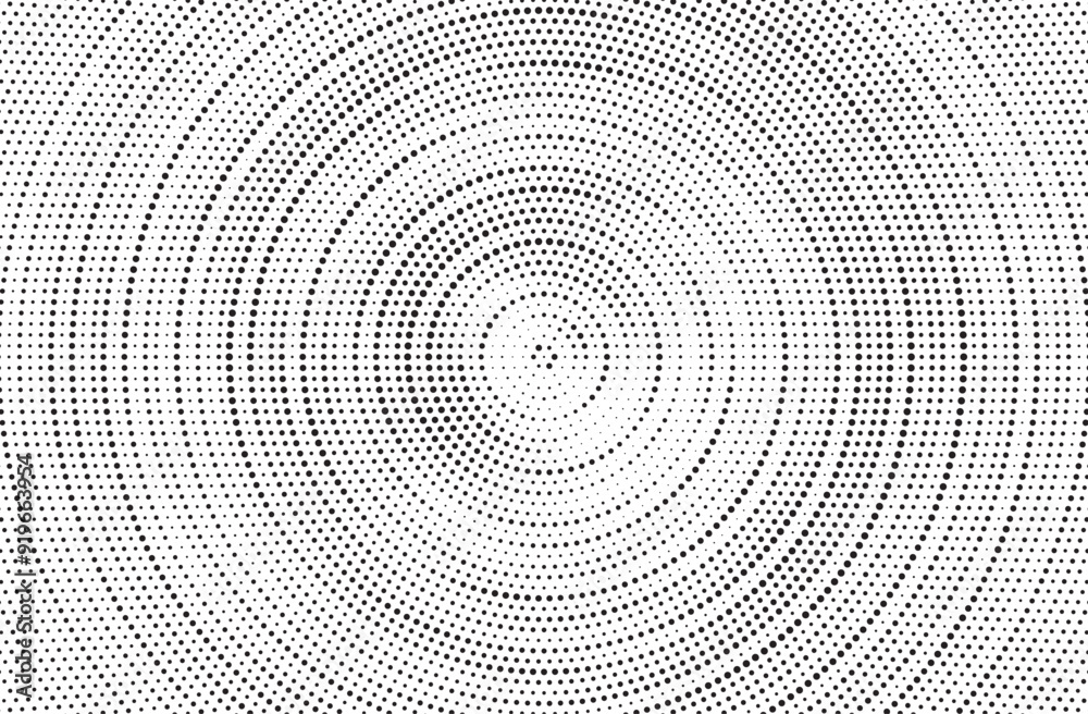 Radial halftone gradient background. Dotted concentric texture with fading effect. Black and white circle shade wallpaper. Grunge rough vector. Monochrome backdrop Radial halftone gradient background. Dotted concentric texture with fading effect. Black and white circle shade wallpaper. Grunge rough vector. Monochrome backdrop