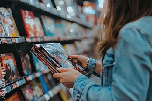 Wallpaper Mural Sideways close-up hand customer woman wears casual clothes selecting a movie at a video rental shop. Torontodigital.ca