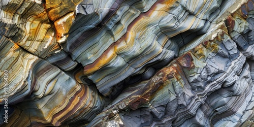 Close-up of a rocky shore with slate and granite layers, displaying the variety of colors and textures found in coastal geology. photo