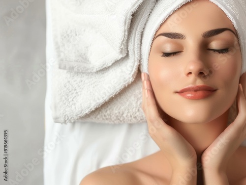 A woman receiving a facial massage at a spa, with her eyes closed in relaxation.