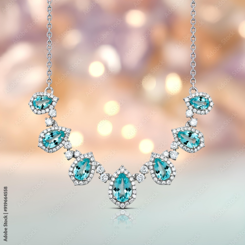 A silver necklace with blue gemstones, sparkling in a soft-focus background of warm lights. A silver necklace with blue gemstones, sparkling in a soft-focus background of warm lights.