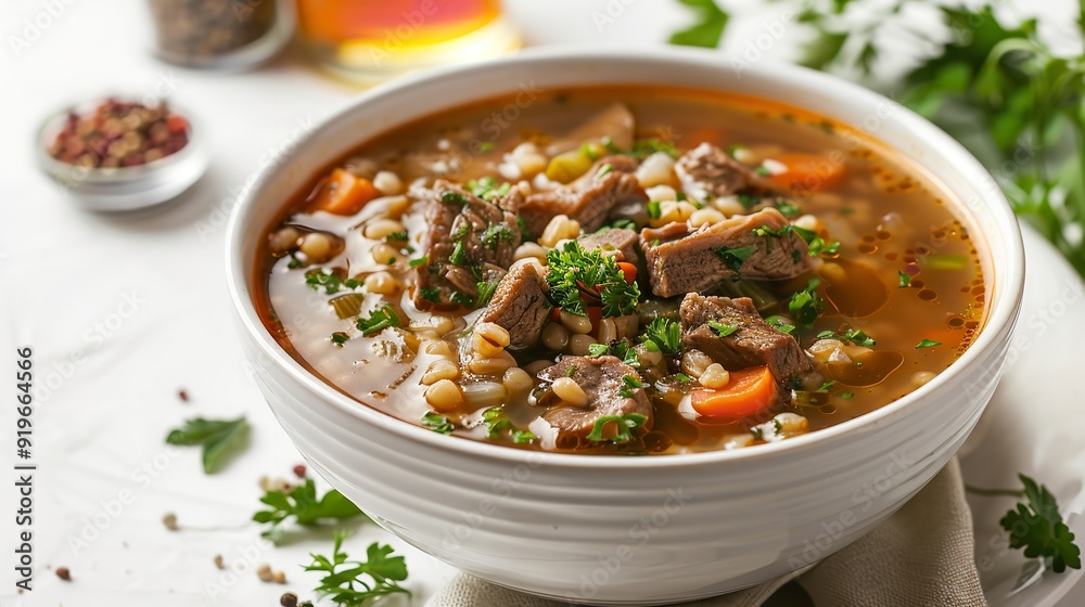 homemade barley soup with meat. White background. Take a copy of space, Generative AI. homemade barley soup with meat. White background. Take a copy of space, Generative AI.