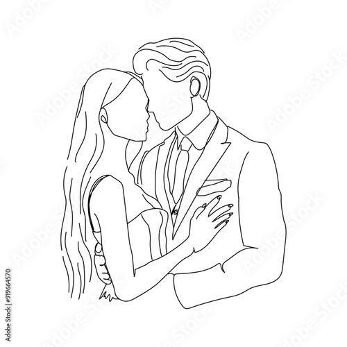 dessin en ligne continue d'un couple se faisant un calin, line art, vecteur