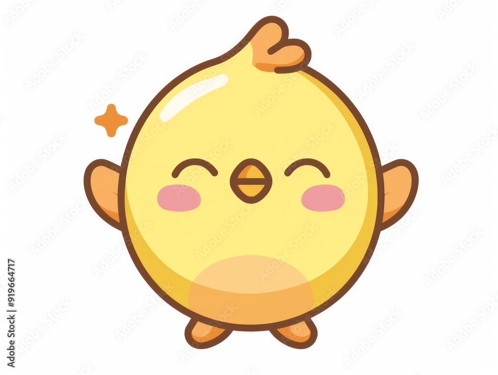 Smiling round chicken with rosy cheeks, wearing bows on ears and feet.