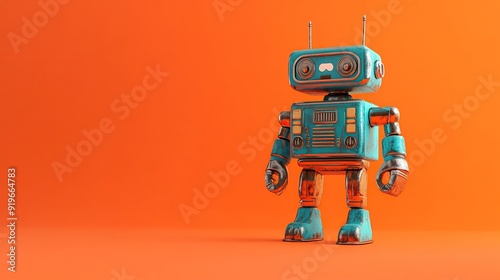 A vintage robot with antennas, buttons and a weathered blue and silver finish stands on an orange background.