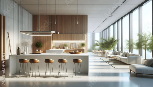 A modern minimalist home interior design with clean lines, sleek furniture, and neutral color palette, featuring an open-concept living space connected to a spacious kitchen, bathed in natural light