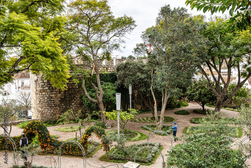 Garden of Tavira Castle in Portugal. 11th-century castle ruins with garden inside