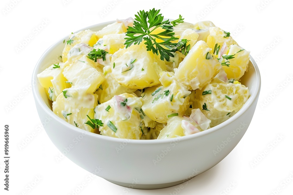 Isolated against a white background is a collection of bowls with potato salad with mayo and vinaigrette dressing, Generative AI. Isolated against a white background is a collection of bowls with potato salad with mayo and vinaigrette dressing, Generative AI.