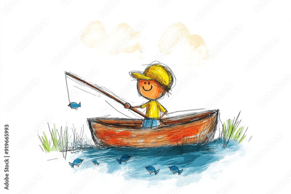Watercolor Children hand-drawn the fisherman in a boat. Stick figure illustration isolated on a white background. Watercolor Children hand-drawn the fisherman in a boat. Stick figure illustration isolated on a white background.