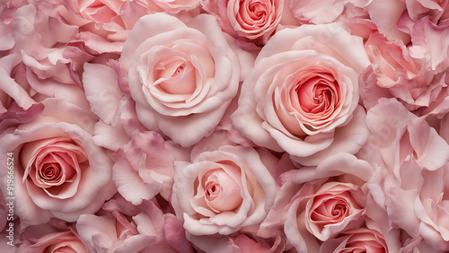 A close-up of an elegant floral arrangement featuring soft pink roses and delicate petals