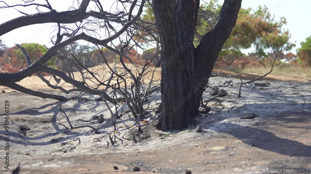 Ashes, burnt trees after a fire in a Turkish forest Ashes, burnt trees after a fire in a Turkish forest